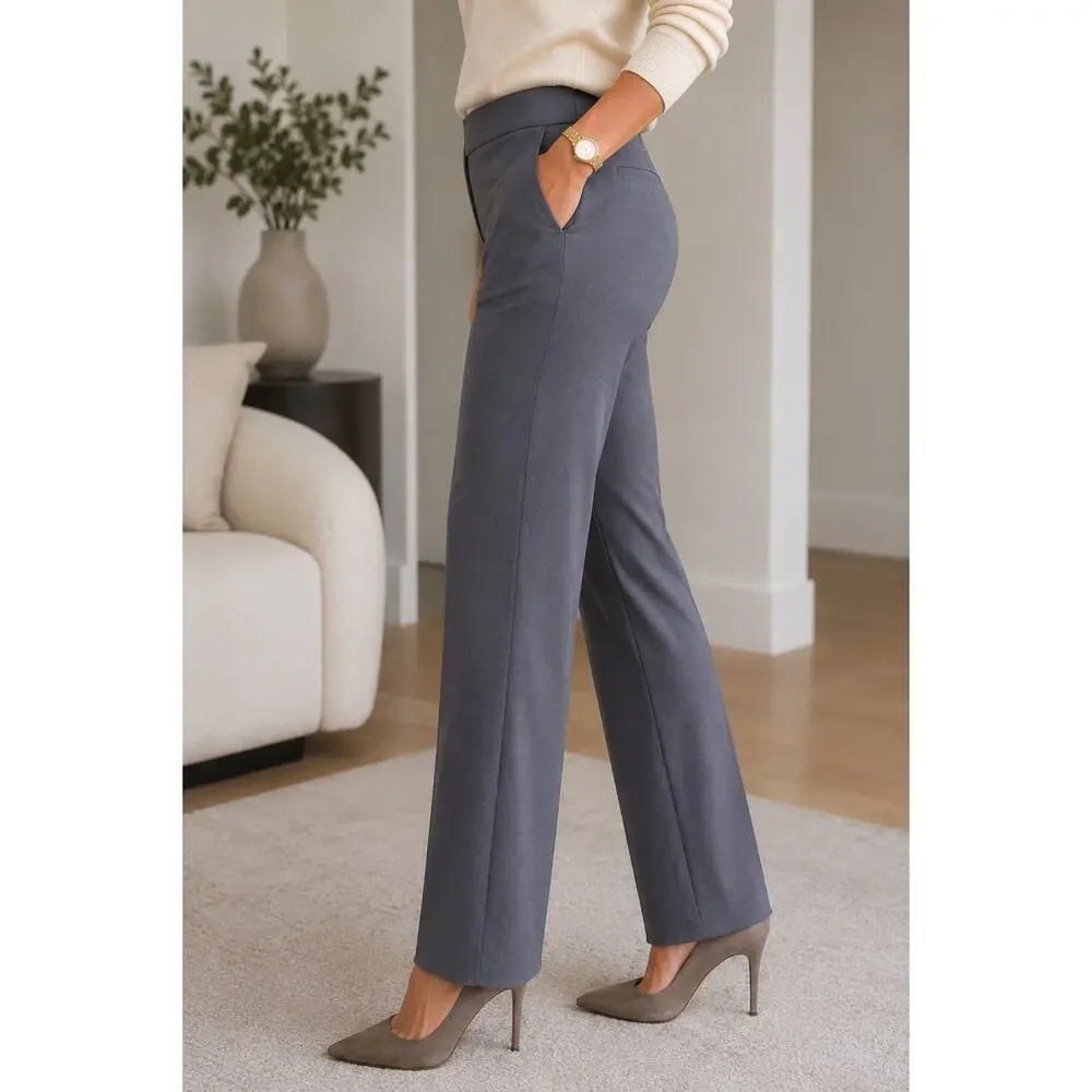 St. John Emma Pewter Gray Wool Blend Straight Leg Pants 8 NWT Raw Hem Luxury